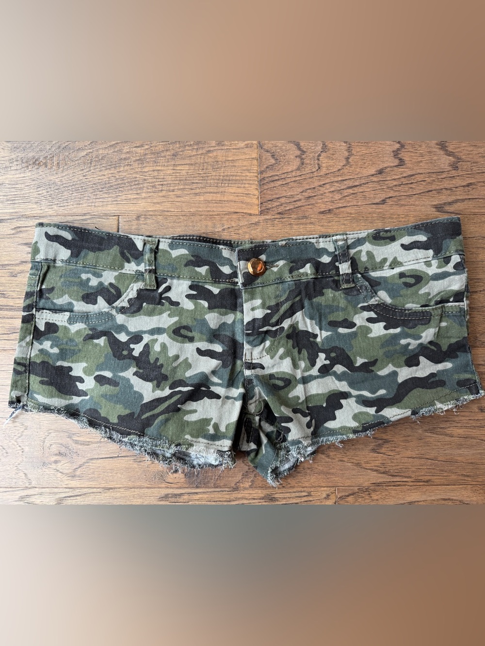 Camo denim booty shorts